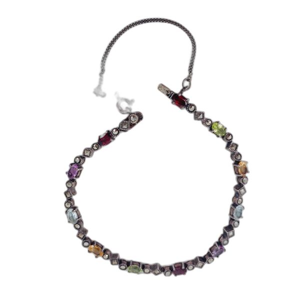VTG Sterling 925 Marcasite Rainbow Gemstone Bracelet w/ Safety Chain, Y2K EUC - Picture 1 of 10
